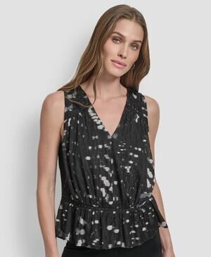 Dkny Top Women Small Black Abstract Print Peplum Hem V-Neck Blouse Boho Chic NWT